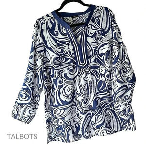 TALBOTS NWOT SPLIT NECK TUNIC PAISLEY 3/4 SLEEVE NAVY BLUE WHITE | SIZE: LARGE